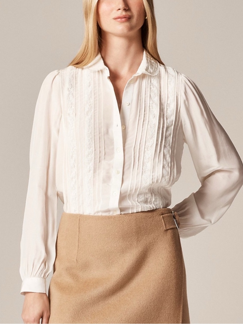 J. Crew Ivory Lace-Trim Button Down Blouse